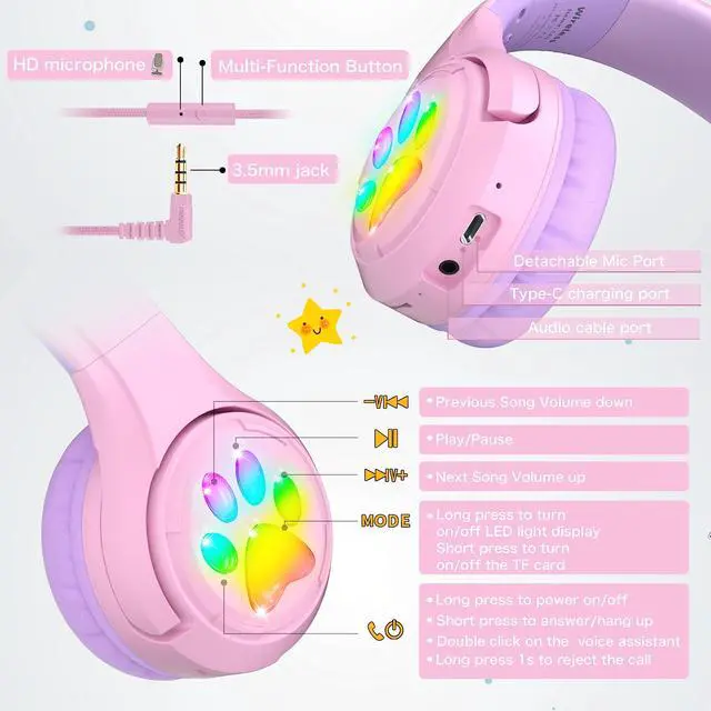 Alt view image 5 of 7 - CF9 Cat Ear Kids Bluetooth Headphones with LED Light Up,Safe 85dB Volume Limit,Built-in Mic&Boom Mic for Calls,Kids Wireless&Wired Headphones for Tablet/Airplane/School/Online Learning (Purple)