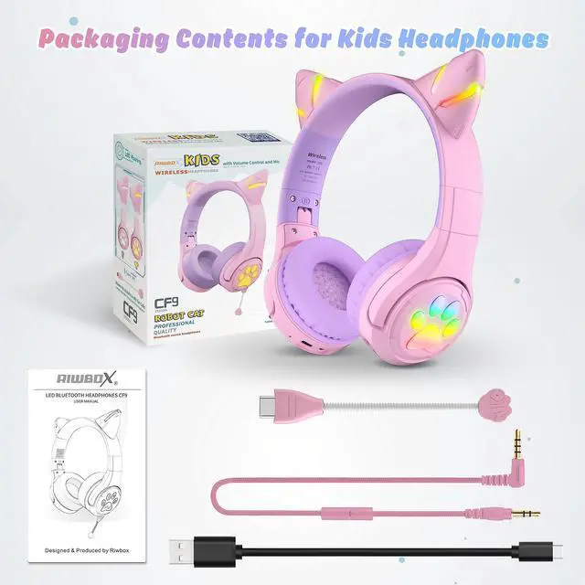 Alt view image 7 of 7 - CF9 Cat Ear Kids Bluetooth Headphones with LED Light Up,Safe 85dB Volume Limit,Built-in Mic&Boom Mic for Calls,Kids Wireless&Wired Headphones for Tablet/Airplane/School/Online Learning (Purple)