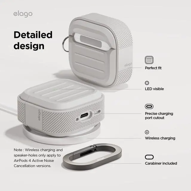 Alt view image 5 of 7 - Armor Case for AirPods 4 | Carabiner Included, Supports Wireless Charging, Shock Resistant, Full Protection (Stone)