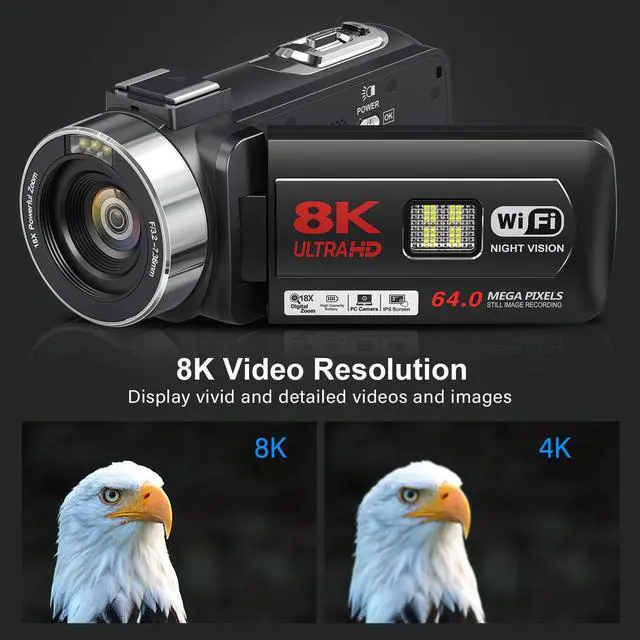 Alt view image 2 of 7 - 8K Video Camera Camcorder 64MP Wifi IR Night Vision Webcam Camcorders | Vlogging Cameras for YouTube with 18X Digital Zoom 3.0Touch Screen Stabilizer, Mic, 64G SD Card, Remote Control, 2 Batteries