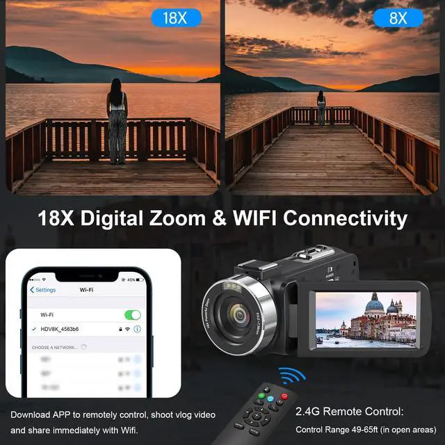 Alt view image 4 of 7 - 8K Video Camera Camcorder 64MP Wifi IR Night Vision Webcam Camcorders | Vlogging Cameras for YouTube with 18X Digital Zoom 3.0Touch Screen Stabilizer, Mic, 64G SD Card, Remote Control, 2 Batteries