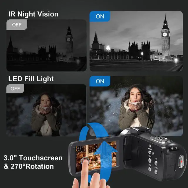 Alt view image 5 of 7 - 8K Video Camera Camcorder 64MP Wifi IR Night Vision Webcam Camcorders | Vlogging Cameras for YouTube with 18X Digital Zoom 3.0Touch Screen Stabilizer, Mic, 64G SD Card, Remote Control, 2 Batteries