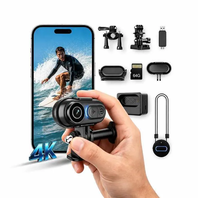 Main image of Body Camera 4K Mini, Wearable POV Action Cam with Audio & Video Recording 64GB, IPX7 Waterproof, 6-Axis Stabilization, Hands-Free Thumb Cameras for Cycling, Vlogging, Travel & Outdoor Activities