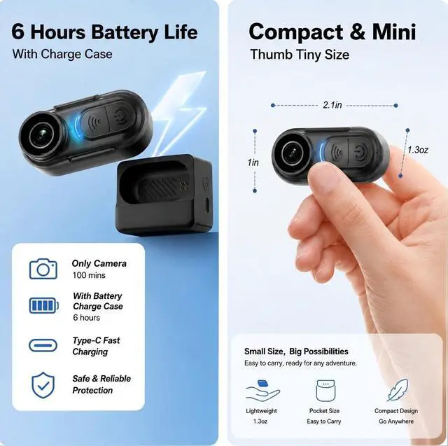 Alt view image 5 of 6 - Body Camera 4K Mini, Wearable POV Action Cam with Audio & Video Recording 64GB, IPX7 Waterproof, 6-Axis Stabilization, Hands-Free Thumb Cameras for Cycling, Vlogging, Travel & Outdoor Activities