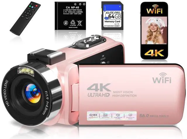 Main image of 4K Video Camera Camcorder,UHD 56MP Camera Recorder,WiFi Vlogging Cameras for YouTube with IR Night Vision,18X Digital Zoom 3.0''Touch Screen Cam Corder with 64GB Card,Remote Control,Webcam,Pink