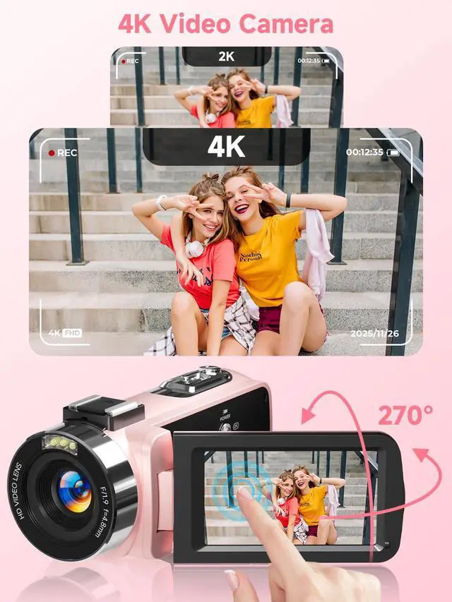 Alt view image 2 of 7 - 4K Video Camera Camcorder,UHD 56MP Camera Recorder,WiFi Vlogging Cameras for YouTube with IR Night Vision,18X Digital Zoom 3.0''Touch Screen Cam Corder with 64GB Card,Remote Control,Webcam,Pink
