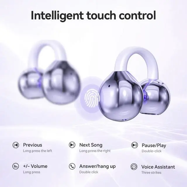 Alt view image 2 of 7 - Clip-on Earbuds,Open Ear Earbuds Wireless Bluetooth 5.4, Lightweight Open Ear Headphones with C-Shaped Bridge,Slim Hook,60H Battery,Waterproof,for Glasses Wearers and Workouts (Purple)