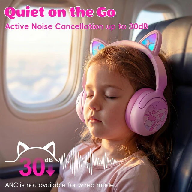 Alt view image 2 of 7 - Kids Bluetooth Headphones, Active Noise Cancelling, 85dB Limit LED cat ear, 40H playtime, Bluetooth 6.0, Fast charging, AUX Cable, Stereo Sound, Built-in mic for iPad Tablets Travel