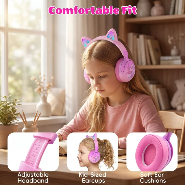 Alt view image 7 of 7 - Kids Bluetooth Headphones, Active Noise Cancelling, 85dB Limit LED cat ear, 40H playtime, Bluetooth 6.0, Fast charging, AUX Cable, Stereo Sound, Built-in mic for iPad Tablets Travel