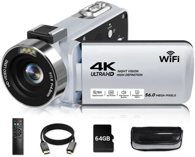 Main image of Video Camera, 4K Camcorder 56MP Digital Video Recorder 18X Zoom 3" 270° Rotation Touchscreen IR Night Vision, Wifi Vlogging Camera for YouTube 64GB Card Anti-Shake Remote Control Camera Bag Lens Cap
