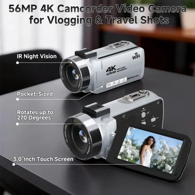 Alt view image 2 of 7 - Video Camera, 4K Camcorder 56MP Digital Video Recorder 18X Zoom 3" 270° Rotation Touchscreen IR Night Vision, Wifi Vlogging Camera for YouTube 64GB Card Anti-Shake Remote Control Camera Bag Lens Cap