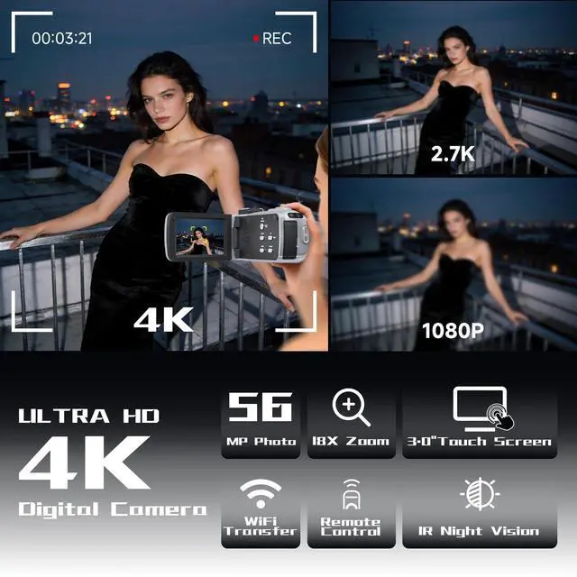 Alt view image 3 of 7 - Video Camera, 4K Camcorder 56MP Digital Video Recorder 18X Zoom 3" 270° Rotation Touchscreen IR Night Vision, Wifi Vlogging Camera for YouTube 64GB Card Anti-Shake Remote Control Camera Bag Lens Cap