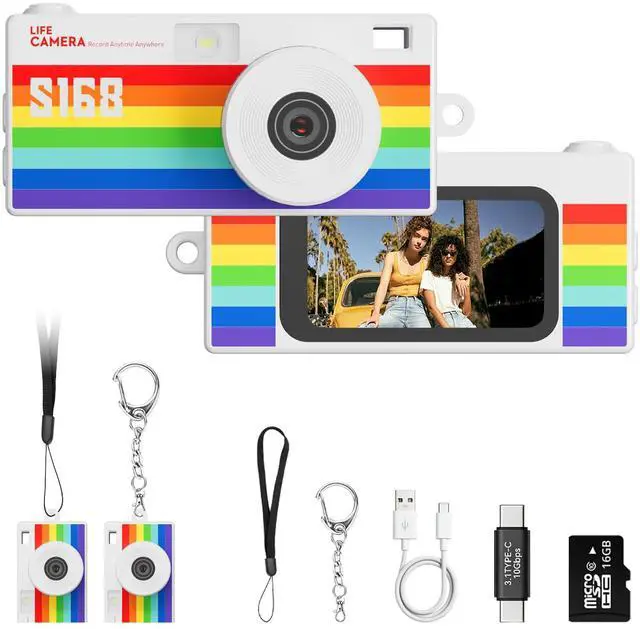 Main image of Mini Keychain Digital Camera, Y2K Retro Pocket Camera with 1.47 Inch Screen, 1440P Video, 2MP Photos, 16GB Card, Flash, Type C, Tiny Vintage Camcorder for Kids Teens Travel Vlog (Rainbow)