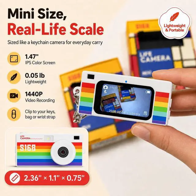 Alt view image 2 of 7 - Mini Keychain Digital Camera, Y2K Retro Pocket Camera with 1.47 Inch Screen, 1440P Video, 2MP Photos, 16GB Card, Flash, Type C, Tiny Vintage Camcorder for Kids Teens Travel Vlog (Rainbow)