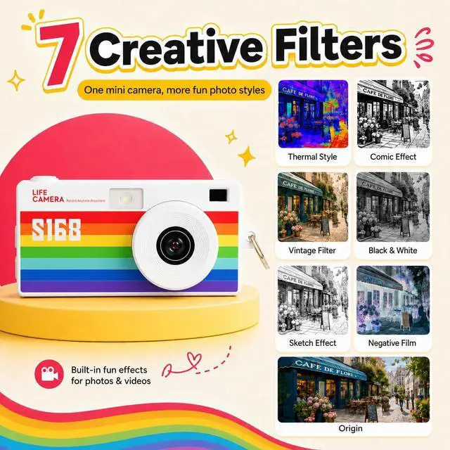 Alt view image 6 of 7 - Mini Keychain Digital Camera, Y2K Retro Pocket Camera with 1.47 Inch Screen, 1440P Video, 2MP Photos, 16GB Card, Flash, Type C, Tiny Vintage Camcorder for Kids Teens Travel Vlog (Rainbow)