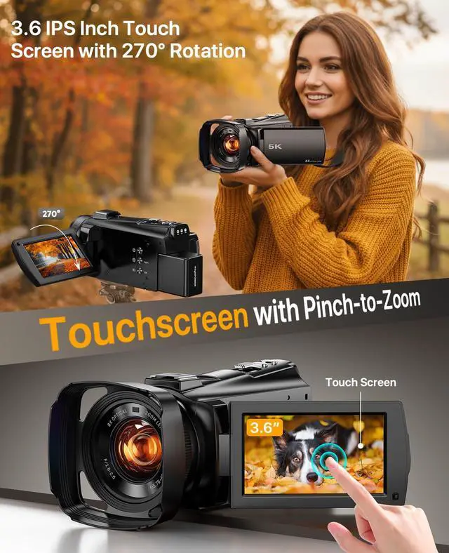 Alt view image 2 of 7 - 5K Video Camera Camcorder 8X Opitical Zoom Live Streaming Cameras 64MP Vlogging Camera for YouTube with Full-Color Night Vision, WiFi 3.6'' 270° IPS Touchscreen 32GB Card Autofocus Video Recorder