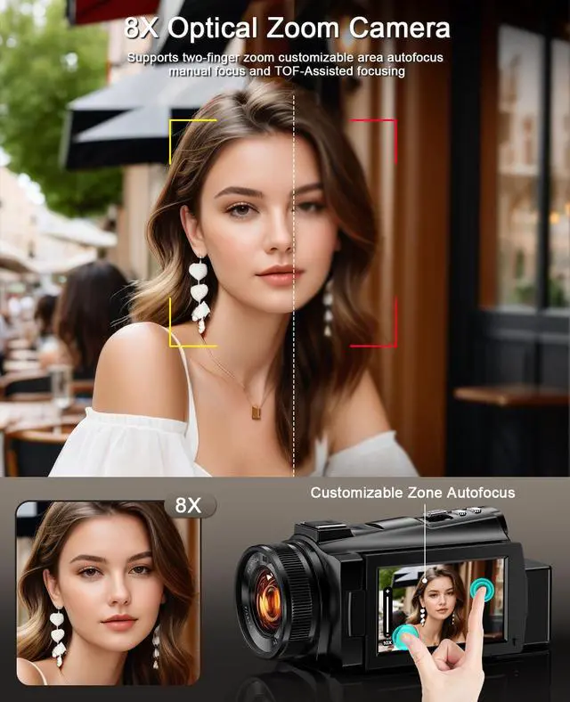 Alt view image 4 of 7 - 5K Video Camera Camcorder 8X Opitical Zoom Live Streaming Cameras 64MP Vlogging Camera for YouTube with Full-Color Night Vision, WiFi 3.6'' 270° IPS Touchscreen 32GB Card Autofocus Video Recorder