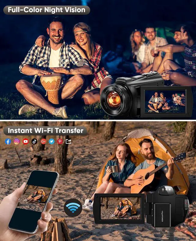 Alt view image 3 of 7 - 5K Video Camera Camcorder 8X Opitical Zoom Live Streaming Cameras 64MP Vlogging Camera for YouTube with Full-Color Night Vision, WiFi 3.6'' 270° IPS Touchscreen 32GB Card Autofocus Video Recorder