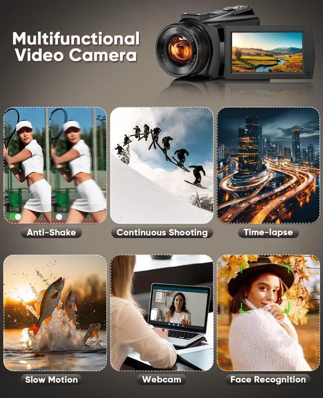 Alt view image 5 of 7 - 5K Video Camera Camcorder 8X Opitical Zoom Live Streaming Cameras 64MP Vlogging Camera for YouTube with Full-Color Night Vision, WiFi 3.6'' 270° IPS Touchscreen 32GB Card Autofocus Video Recorder