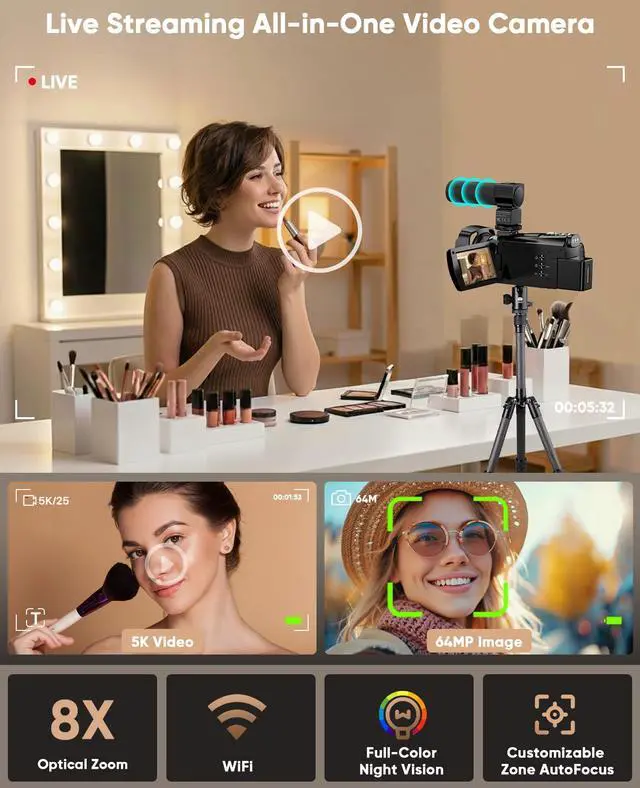 Alt view image 7 of 7 - 5K Video Camera Camcorder 8X Opitical Zoom Live Streaming Cameras 64MP Vlogging Camera for YouTube with Full-Color Night Vision, WiFi 3.6'' 270° IPS Touchscreen 32GB Card Autofocus Video Recorder