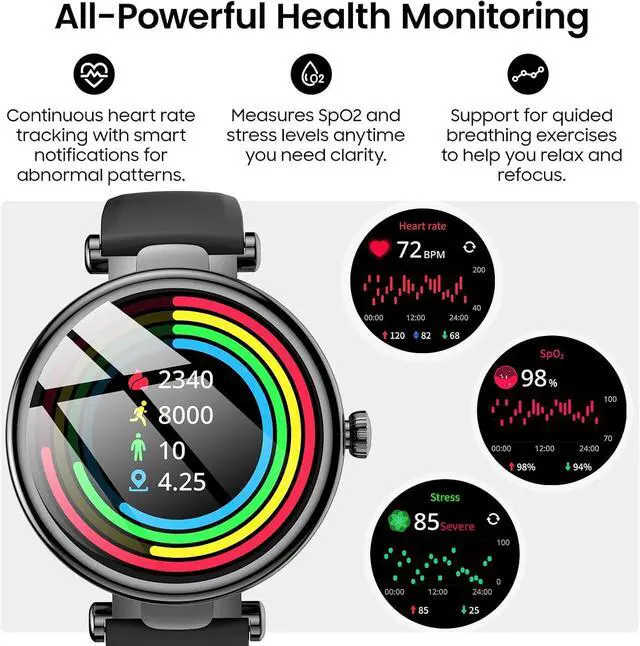 Alt view image 5 of 7 - S8 AMOLED Smart Watch for Women Men, 3ATM Waterproof Fitness Tracker | Heart Rate Monitor, Sleep & Stress Tracking, 100+ Sport Modes, Bluetooth Call Smartwatch Long Battery for Android iOS