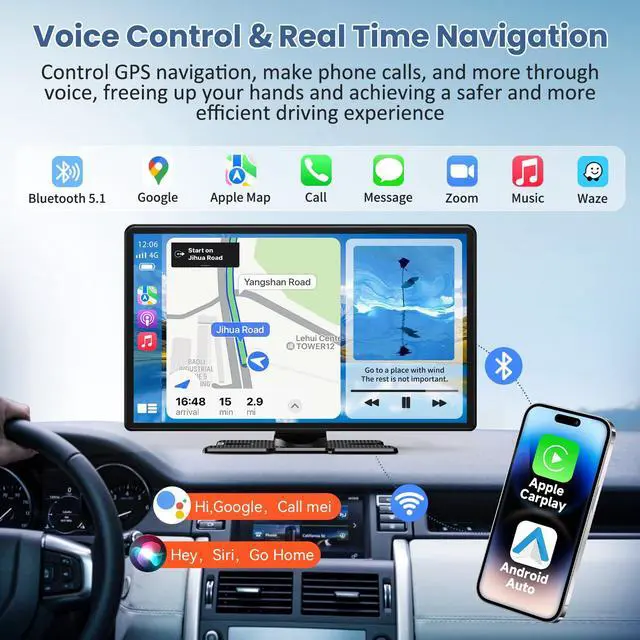 Alt view image 2 of 7 - Largest 11.3" Portable Apple Carplay Screen, Wireless Car Play & Android Auto Touch Screen, Car Stereo with App View/4K Dash Cam/Backup Camera/Mirror Link/Voice Control/Music Play/GPS/Bluetooth/FM