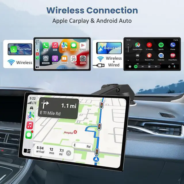 Alt view image 3 of 7 - Largest 11.3" Portable Apple Carplay Screen, Wireless Car Play & Android Auto Touch Screen, Car Stereo with App View/4K Dash Cam/Backup Camera/Mirror Link/Voice Control/Music Play/GPS/Bluetooth/FM