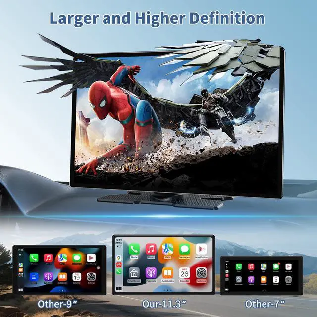 Alt view image 5 of 7 - Largest 11.3" Portable Apple Carplay Screen, Wireless Car Play & Android Auto Touch Screen, Car Stereo with App View/4K Dash Cam/Backup Camera/Mirror Link/Voice Control/Music Play/GPS/Bluetooth/FM