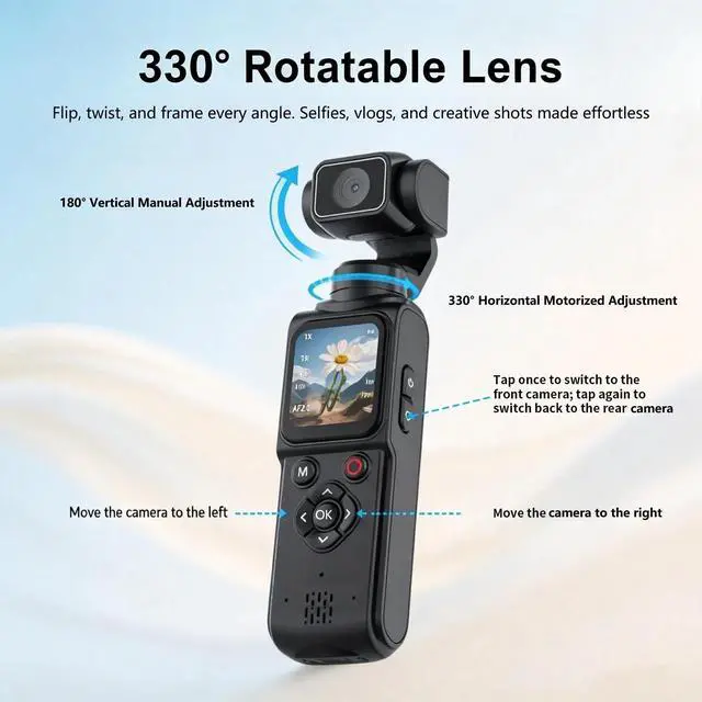 Alt view image 6 of 7 - 4K Handheld Pocket Camera with Face Tracking Rotating Lens, Vlogging Camera | Gimbal Digital Camcorder with 75MP Photo, 1.72 Touchscreen, 2400mAh Battery for 180 Mins Recording (Black)