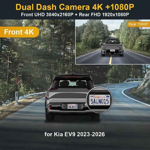 Alt view image 2 of 7 - 4K Dual Dash Cam Adapts for Kia EV9 2023-2026 Wind Land GT-Line (Part No#DO000), Integrated OEM Style, Front 2160P+Rear 1080P Video, Loop Recording, WiFi&APP, G-Sensor, Easy to Use, 128GB Card