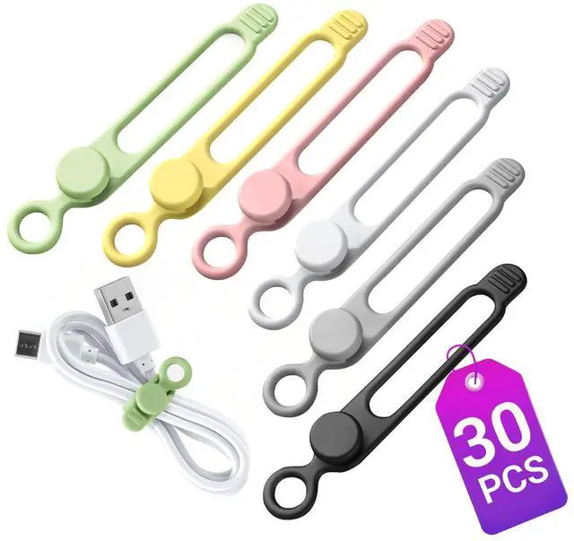 Main image of 30 Pcs Silicone Cable Ties, Reusable Data Cable Organizer for Home Office | High Elastic, Multipurpose, Cable Management for Charging Cord, Electronics, Computer, Appliances, Travel Essentials