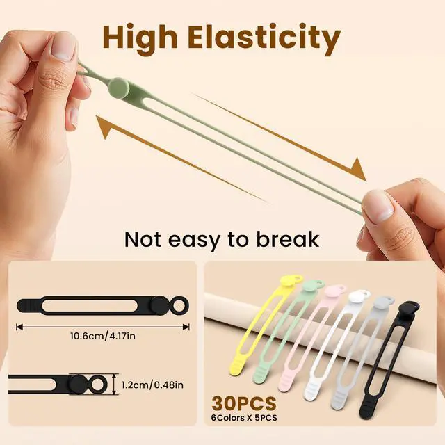 Alt view image 2 of 7 - 30 Pcs Silicone Cable Ties, Reusable Data Cable Organizer for Home Office | High Elastic, Multipurpose, Cable Management for Charging Cord, Electronics, Computer, Appliances, Travel Essentials