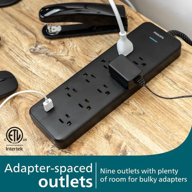 Alt view image 2 of 6 - Surge Protector Power Strip with USB Ports, 2400 Joules, Flat Plug | 6 Ft Braided Extension Cord with Multiple Outlets, 9 Outlet Extender (Wide Spaced), 1 USB-A, 1 USB-C, Black, SPP3983B/37