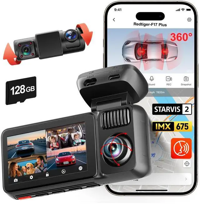 Main image of F17 Plus 4 Channel Dash Cam,STARVIS 2 IMX675, 360° Inside & Outside Recording, 2.7K Front + 1080P Cabin & Rear, 5.8GHz WiFi GPS, Voice Control, Touchscreen, Parking Mode, Free 128GB Card, HDR