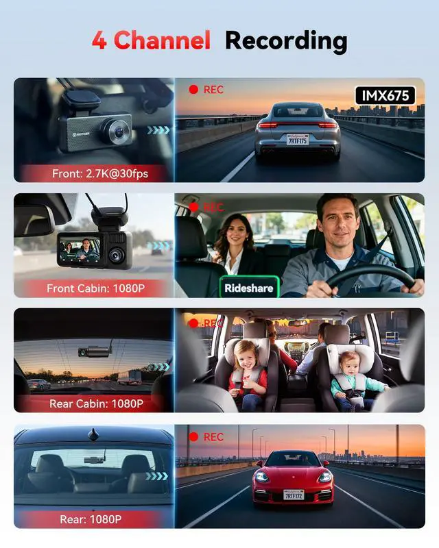 Alt view image 2 of 7 - F17 Plus 4 Channel Dash Cam,STARVIS 2 IMX675, 360° Inside & Outside Recording, 2.7K Front + 1080P Cabin & Rear, 5.8GHz WiFi GPS, Voice Control, Touchscreen, Parking Mode, Free 128GB Card, HDR