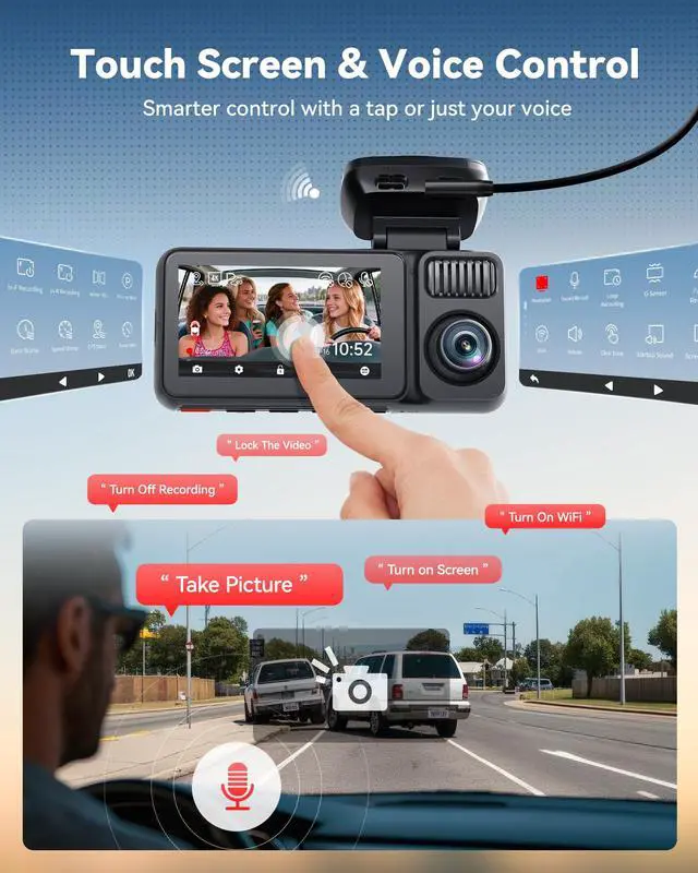 Alt view image 6 of 7 - F17 Plus 4 Channel Dash Cam,STARVIS 2 IMX675, 360° Inside & Outside Recording, 2.7K Front + 1080P Cabin & Rear, 5.8GHz WiFi GPS, Voice Control, Touchscreen, Parking Mode, Free 128GB Card, HDR