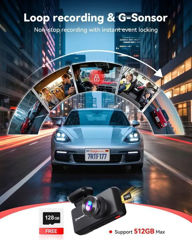 Alt view image 7 of 7 - F17 Plus 4 Channel Dash Cam,STARVIS 2 IMX675, 360° Inside & Outside Recording, 2.7K Front + 1080P Cabin & Rear, 5.8GHz WiFi GPS, Voice Control, Touchscreen, Parking Mode, Free 128GB Card, HDR