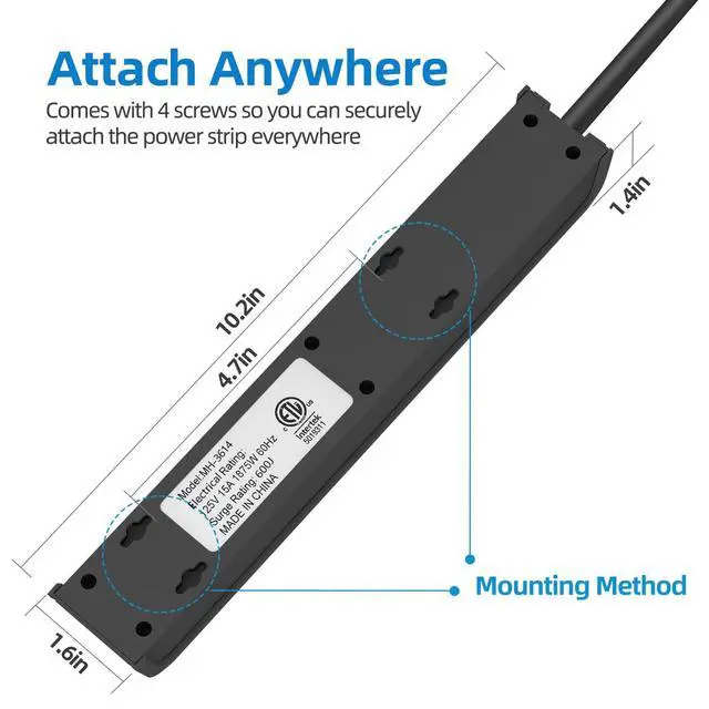 Alt view image 3 of 7 - 6 Outlet Power Strip Surge Protector, 2 FT Extension Cord with Overload Protection, Wall Mountable for Home and Office, 600J, 15A/1875W, ETL Listed