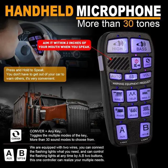 Alt view image 3 of 6 - Emergency Siren Speaker 200W Multi-Tones PA System Slim Speaker Sirens with Handheld Controller & Mic Microphone Electronic Alarm Horn Kit for Tow Truck Car Vehicles Pickup UTV ATV POV RV