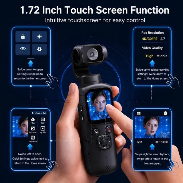 Alt view image 3 of 7 - 4K Vlogging Camera,75MP Pocket Digital Camera with 330° Rotating Lens | YouTube Camera WiFi,1.72" Touch Screen,Face Tracking,16GB TF Card & Tripod,Handheld Camera for Daily Recording