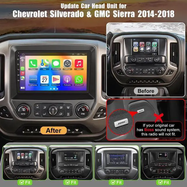Alt view image 2 of 7 - 10.2 Inch QLED Carplay Screen for Chevrolet Silverado & GMC Sierra 2014-2018(Without Bo-se System),Android 13 Silverado Radio Stereo Support Wireless Carplay &Android Auto,Bluetooth&GPS,2+64GB