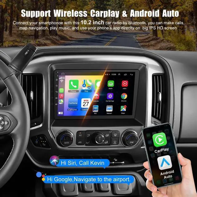 Alt view image 3 of 7 - 10.2 Inch QLED Carplay Screen for Chevrolet Silverado & GMC Sierra 2014-2018(Without Bo-se System),Android 13 Silverado Radio Stereo Support Wireless Carplay &Android Auto,Bluetooth&GPS,2+64GB