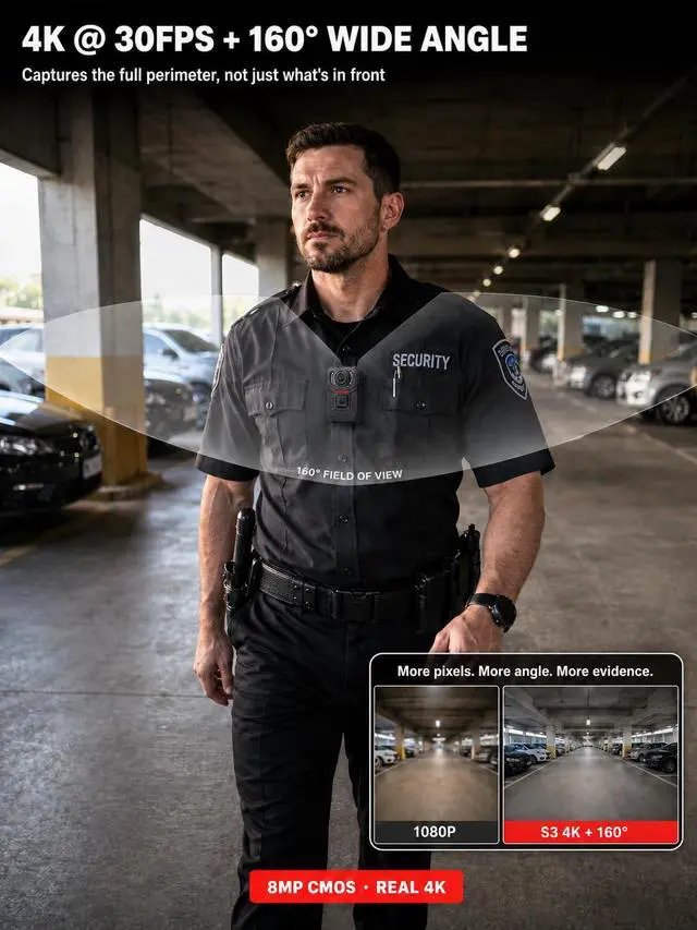 Alt view image 4 of 7 - SPIKECAM S3 4K Body Camera with Audio and Video Recording, 160° Wide Angle Body Cam, 2 Inch Screen, Front Record Button, 3.9 oz Lightweight Bodycam for Security Guards and Patrol Officers