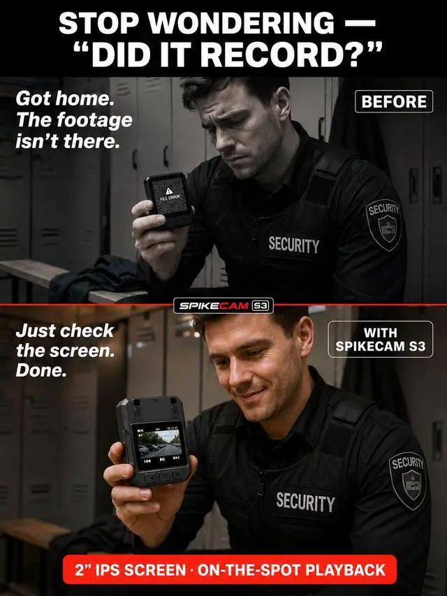 Alt view image 7 of 7 - SPIKECAM S3 4K Body Camera with Audio and Video Recording, 160° Wide Angle Body Cam, 2 Inch Screen, Front Record Button, 3.9 oz Lightweight Bodycam for Security Guards and Patrol Officers