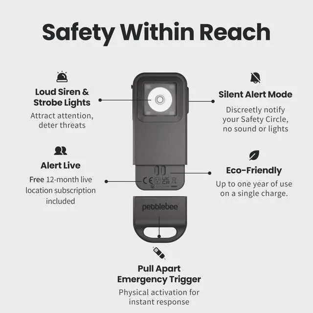 Alt view image 3 of 7 - Pebblebee Halo Personal Safety Alarm, Loud Siren & Strobe | Location Sharing, Rechargeable Keychain w/ Flashlight | Works w/ Apple & Google Find