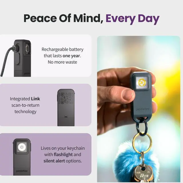 Alt view image 7 of 7 - Pebblebee Halo Personal Safety Alarm, Loud Siren & Strobe | Location Sharing, Rechargeable Keychain w/ Flashlight | Works w/ Apple & Google Find