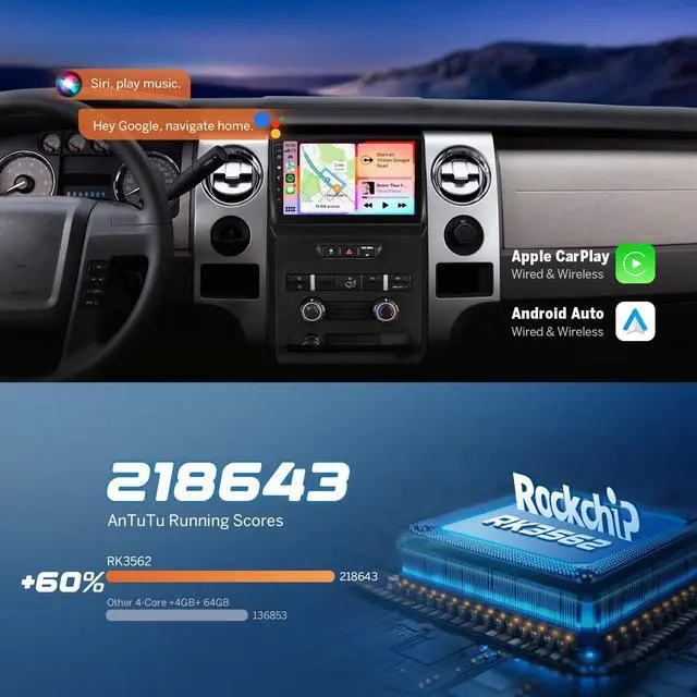 Alt view image 6 of 7 - 9" Android Car Stereo for 2009-2014 Ford F150 FDF1X7A | 4+64GB Wireless CarPlay Android Auto GPS Navigation Bluetooth 5.4 Backup Camera Support Touch Screen Radio Upgrade