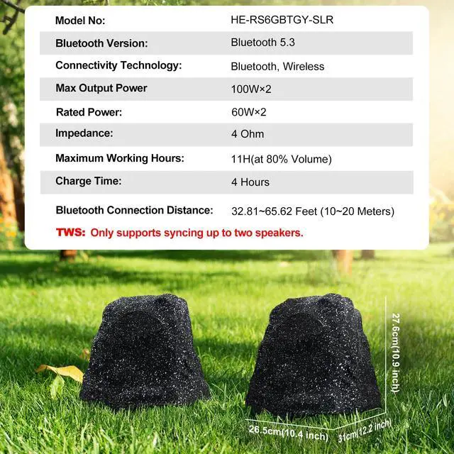 Alt view image 2 of 7 - 6.5" Rock Bluetooth Speakers Outdoor Waterproof IPX7 Wireless Solar Max 200 Watt, TWS Connection Powered with Rechargeable Battery for Garden Patio Deck Pool BackyardBlack1Pair