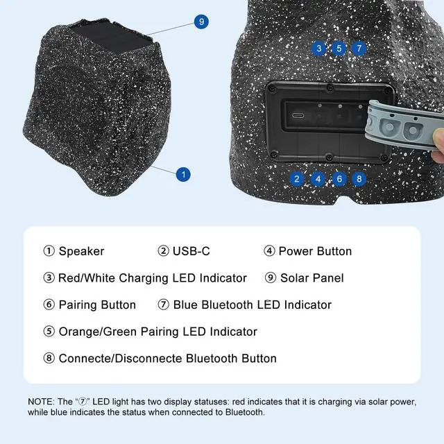 Alt view image 7 of 7 - 6.5" Rock Bluetooth Speakers Outdoor Waterproof IPX7 Wireless Solar Max 200 Watt, TWS Connection Powered with Rechargeable Battery for Garden Patio Deck Pool BackyardBlack1Pair