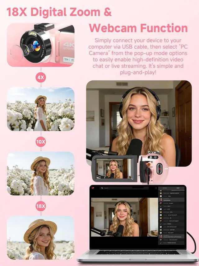 Alt view image 6 of 7 - 4K Video Camera Camcorder,UHD 56MP Camera Recorder,WiFi Vlogging Cameras for YouTube with IR Night Vision,18X Digital Zoom 3.0''Touch Screen Cam Corder with 64GB Card,Remote Control,Webcam,Pink